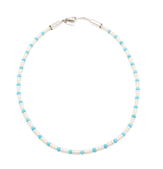 Single Strand Pearl and Turquoise Bead Necklace-Jewelry-Artie Yellowhorse-Sorrel Sky Gallery