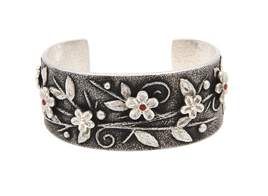 Floral Cuff with Coral-Jewelry-Darryl Dean & Rebecca Begay-Sorrel Sky Gallery