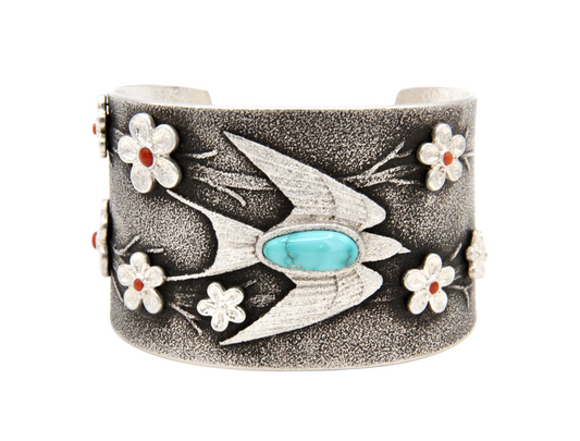 Floral and Barn Swallows Cuff-Jewelry-Darryl Dean & Rebecca Begay-Sorrel Sky Gallery