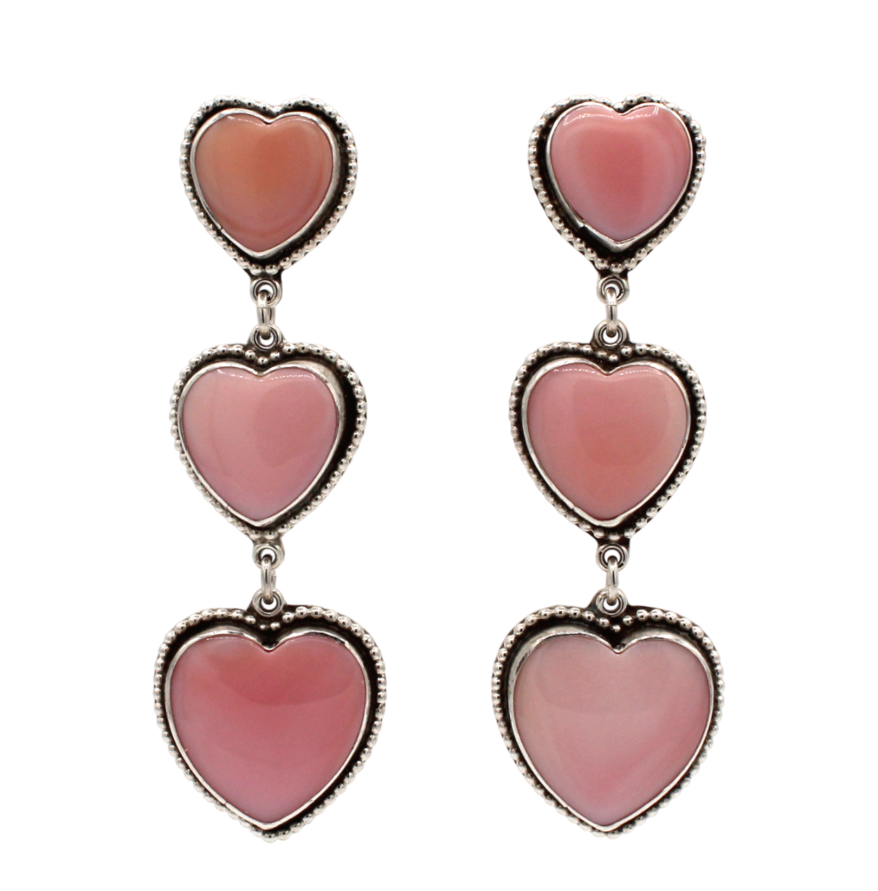 Pink Shell Triple Drop Heart Earrings-Jewelry-Don Lucas-Sorrel Sky Gallery