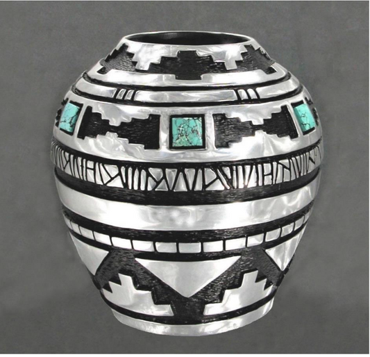 Pewter Vessel with Kingman Turquoise-Sculpture-Fred Ortiz-Sorrel Sky Gallery