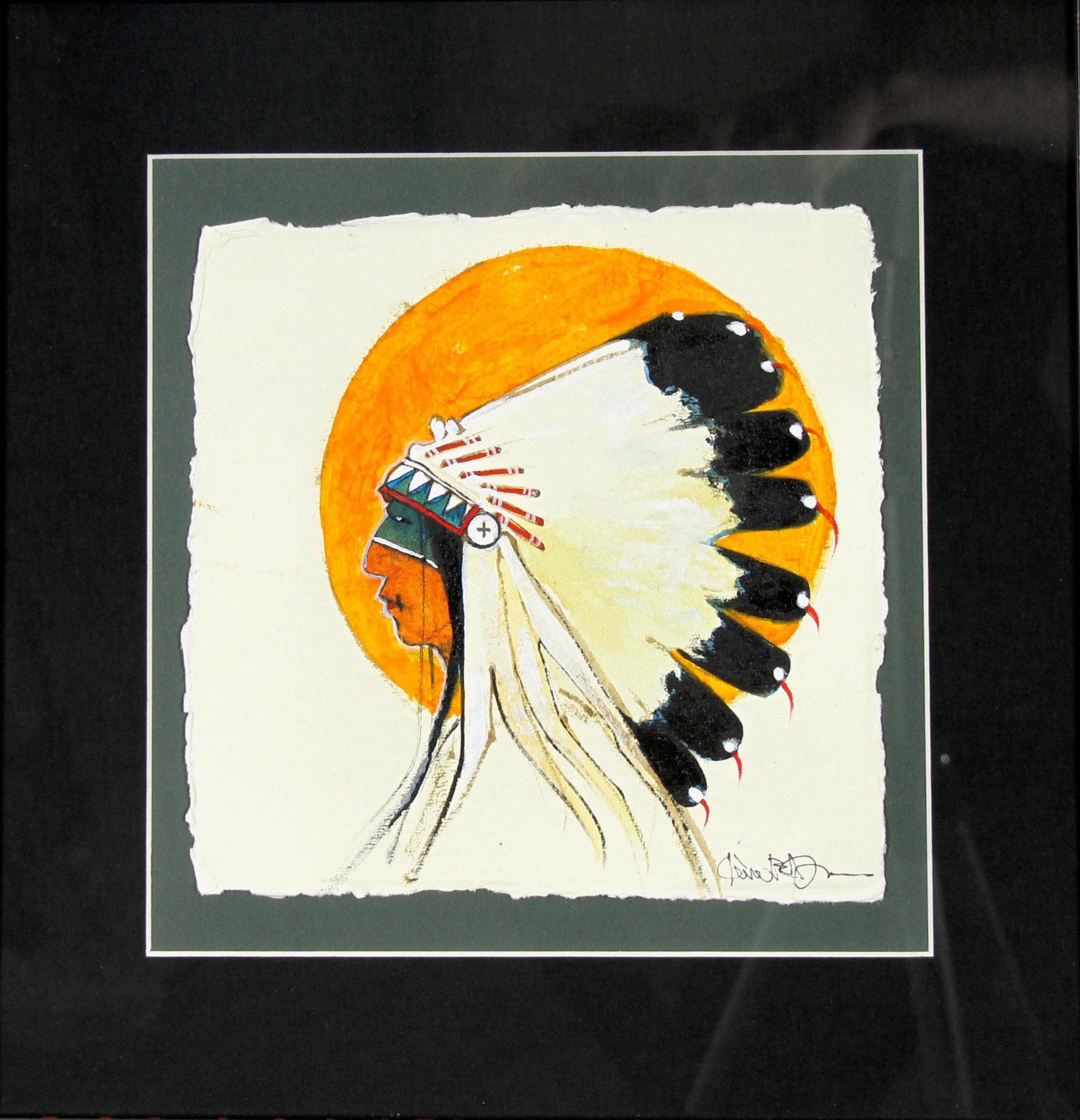 Indian with Feather War Bonnet-Mixed-Media Original-Kevin Red Star-Sorrel Sky Gallery
