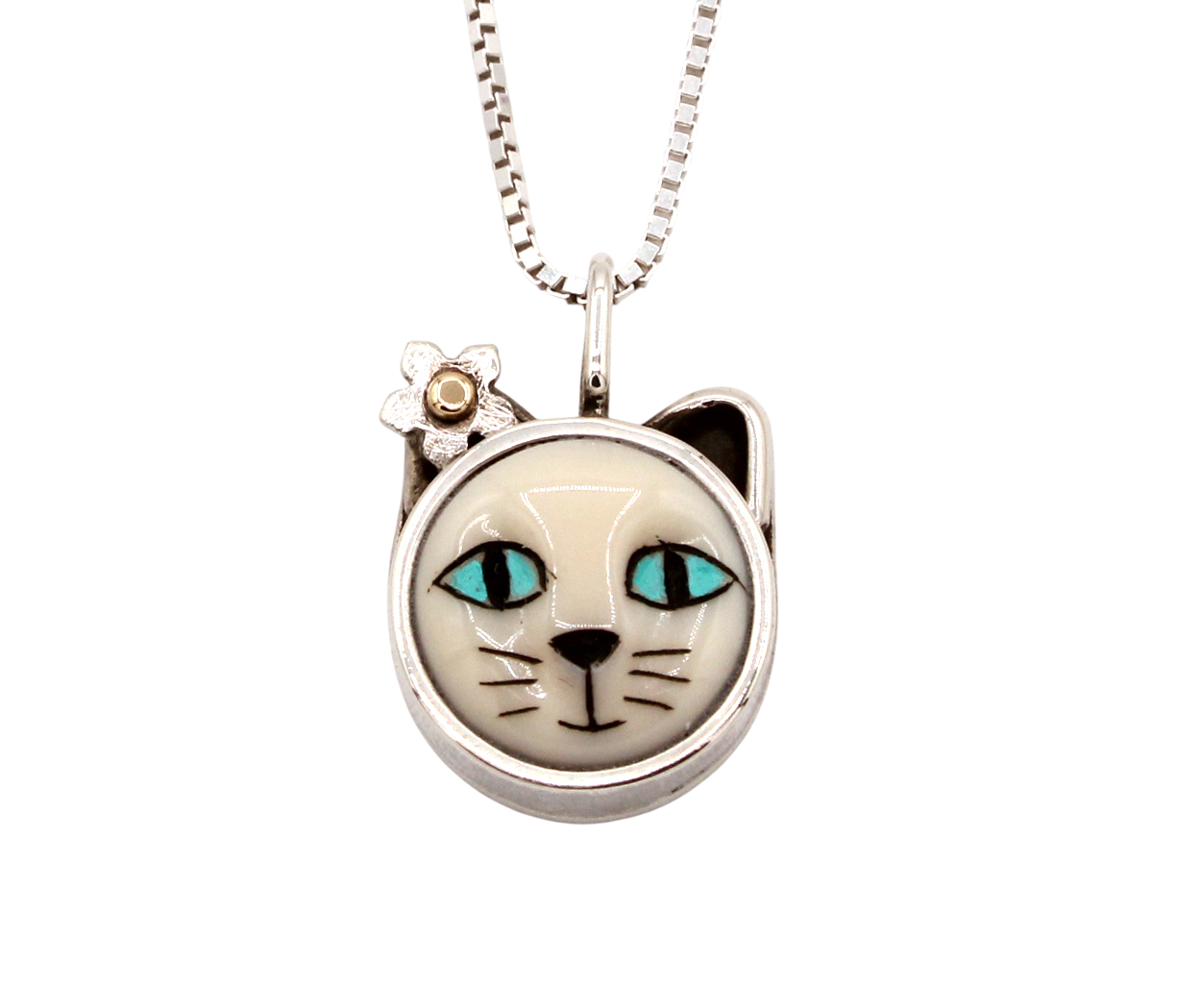 Cat with Blue Eyes and Flower Pendant-Jewelry-Michelle Tapia-Sorrel Sky Gallery