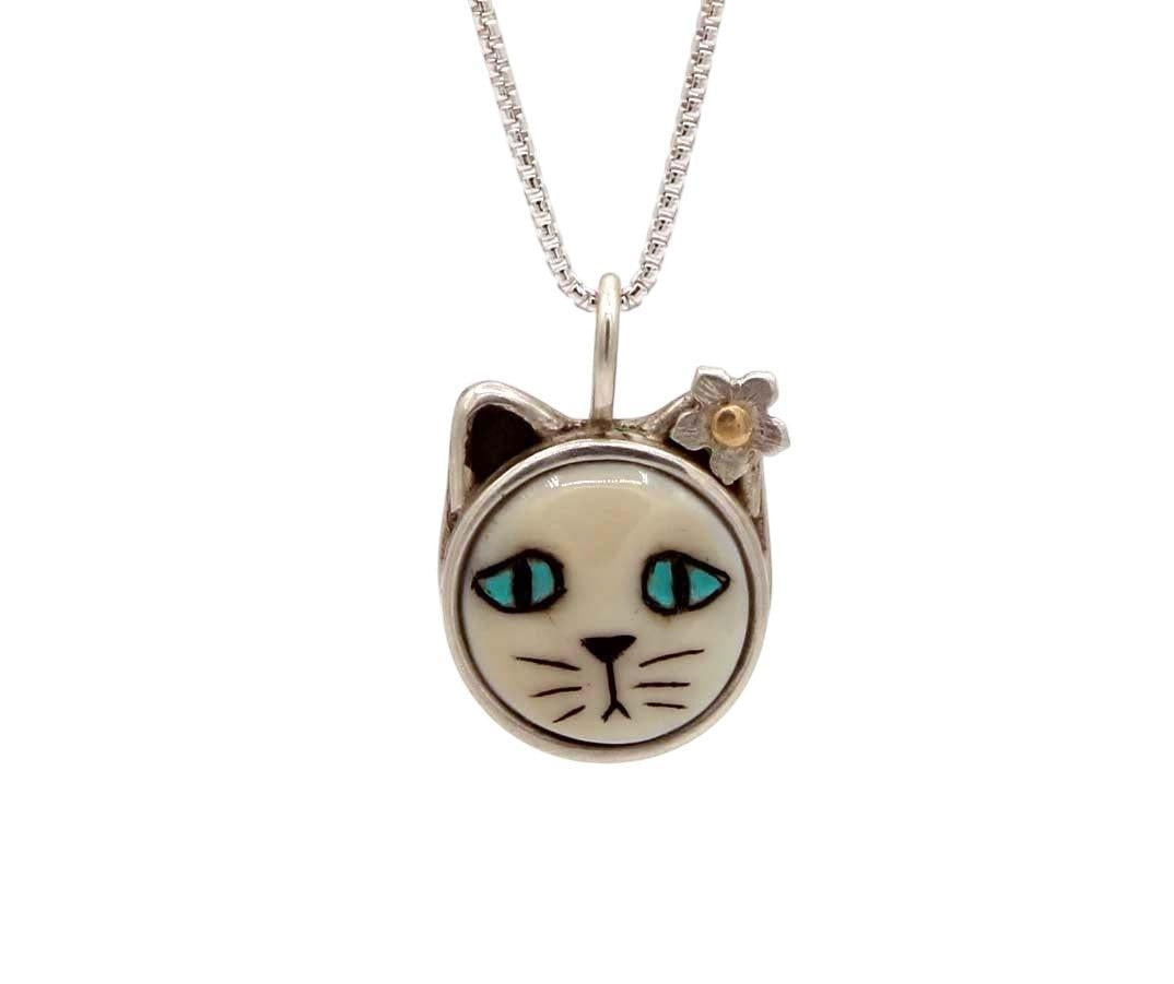 Cat with Blue Eyes/Flower Pendant-Jewelry-Michelle Tapia-Sorrel Sky Gallery