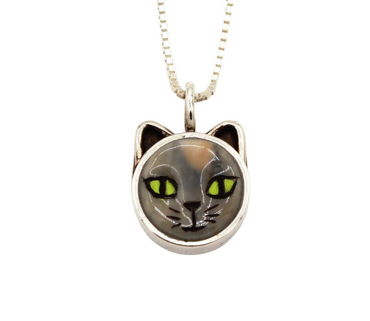 Grey Cat Pendant (green eyes)-Jewelry-Michelle Tapia-Sorrel Sky Gallery