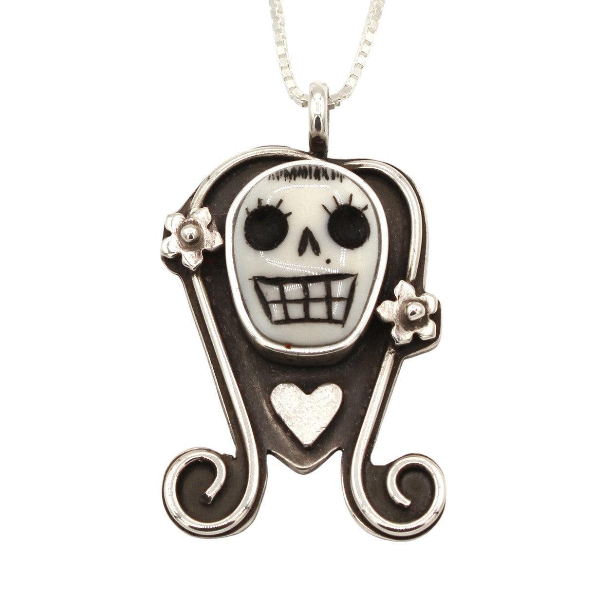 Small Girly Skull Pendant (Flowers/Heart)-Jewelry-Michelle Tapia-Sorrel Sky Gallery
