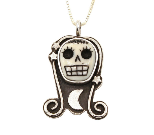 Small Girly Skull Pendant (Moon and Stars)-Jewelry-Michelle Tapia-Sorrel Sky Gallery