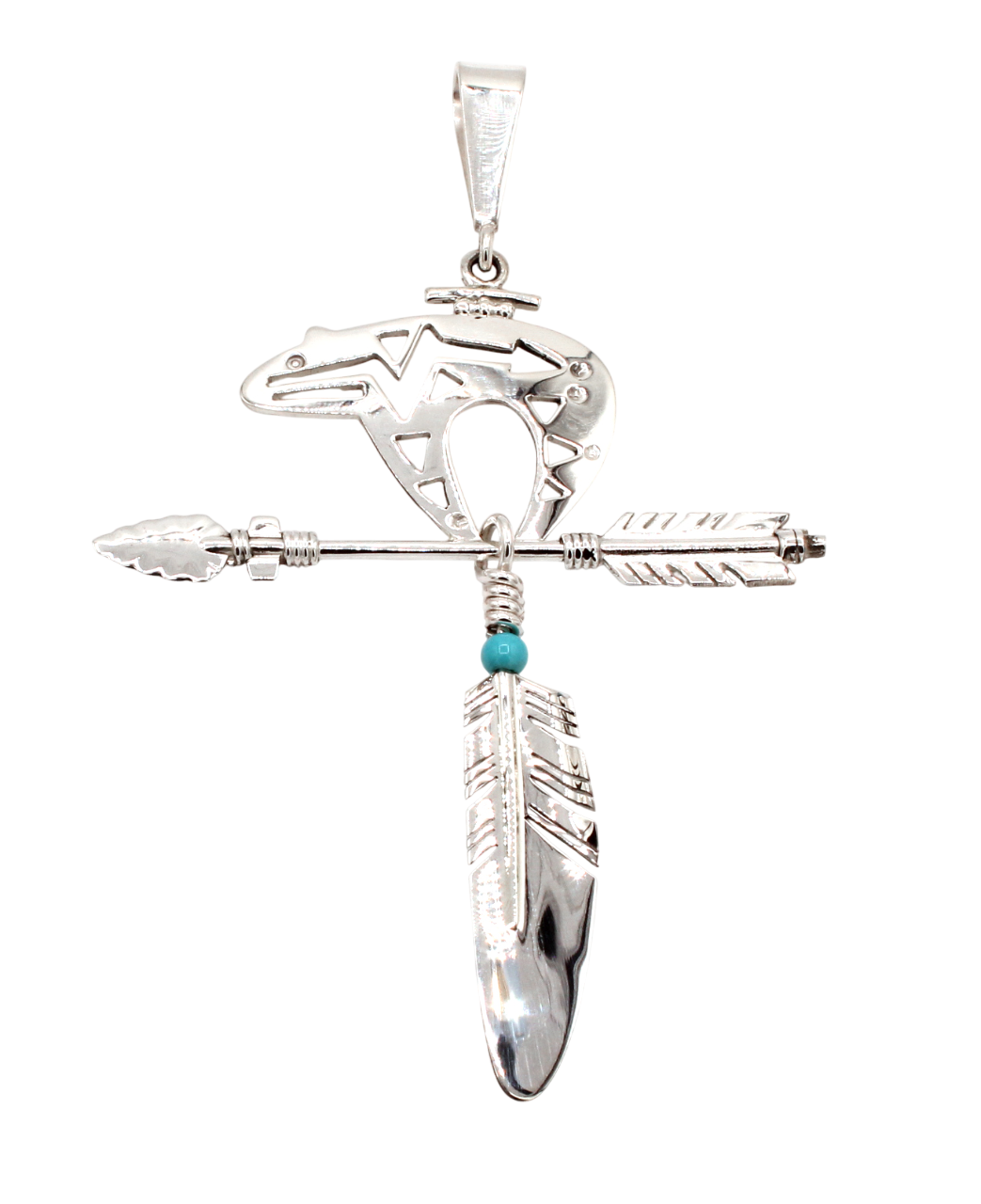 Bear, Arrow and Feather Pendant (turquoise bead)-Jewelry-Ray Tracey-Sorrel Sky Gallery