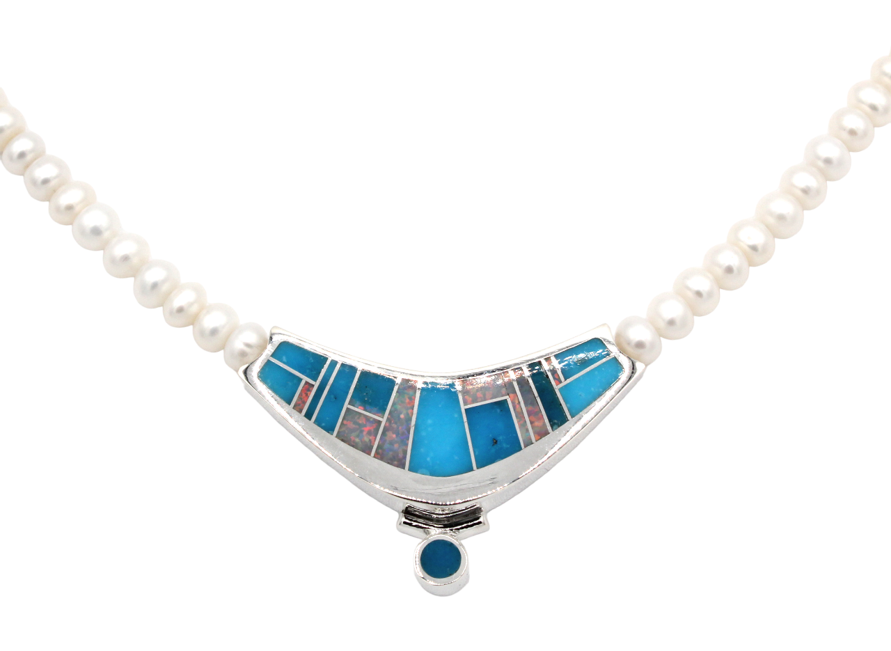 Kingman and Opal Inlaid V Necklace with Pearl Beads-Jewelry-Ray Tracey-Sorrel Sky Gallery