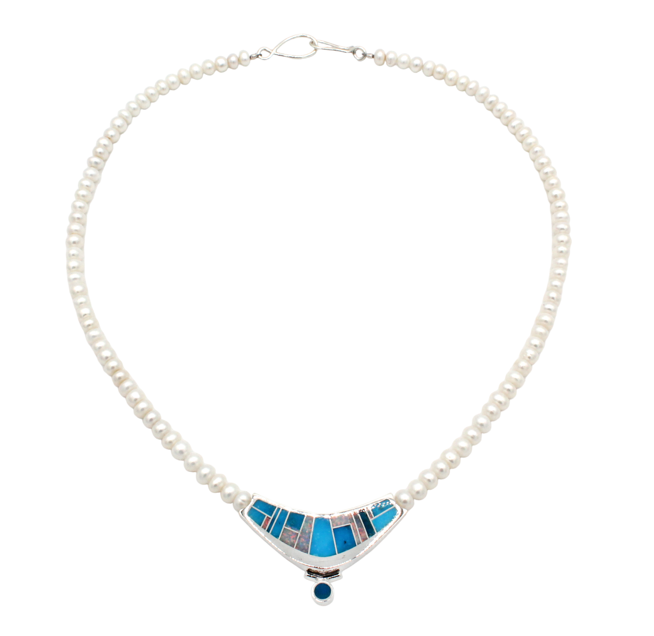 Kingman and Opal Inlaid V Necklace with Pearl Beads-Jewelry-Ray Tracey-Sorrel Sky Gallery