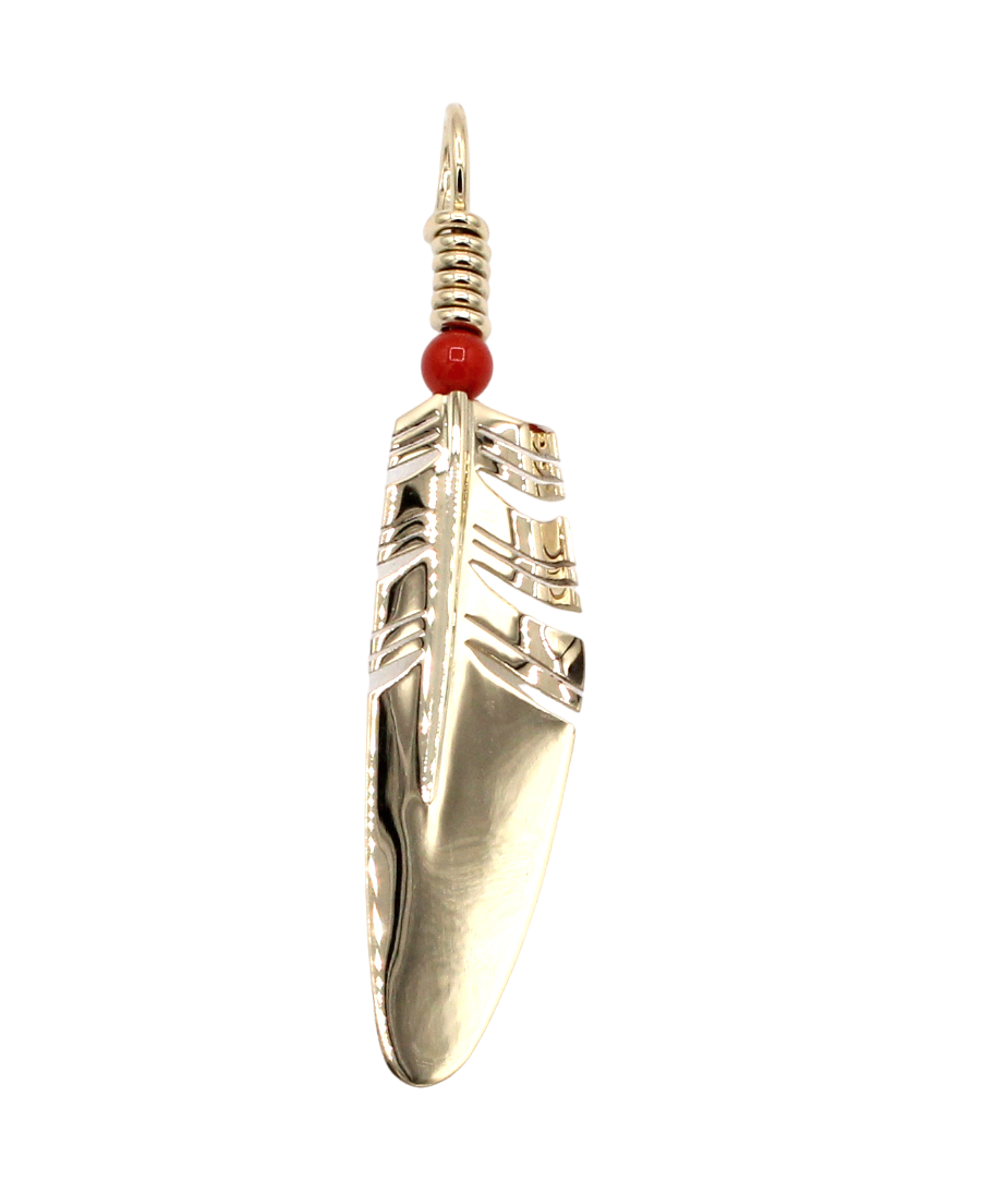 Medium Gold Feather with Coral Bead-Jewelry-Ray Tracey-Sorrel Sky Gallery