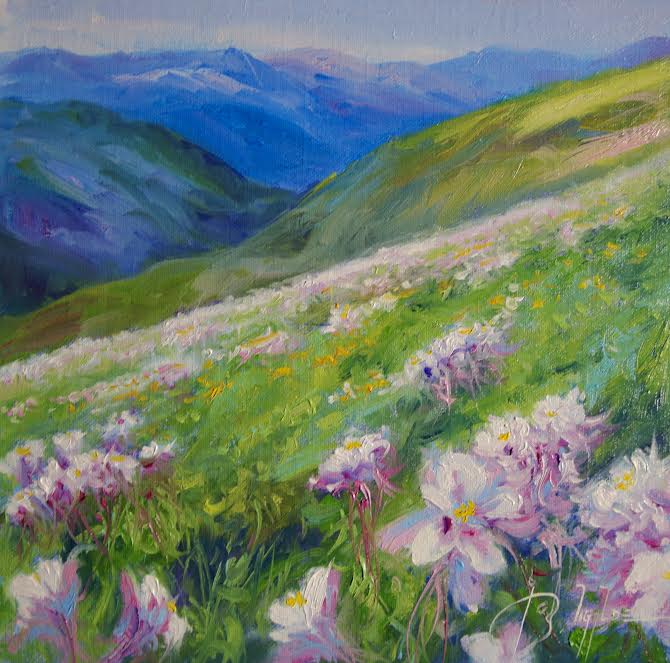 Columbine Flower Field-Painting-Roberto Ugalde-Sorrel Sky Gallery