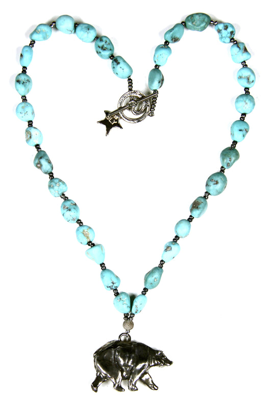 Tumbled Sleeping Beauty Necklace w/ Healing Bear Pendant-Jewelry-Star Liana York-Sorrel Sky Gallery