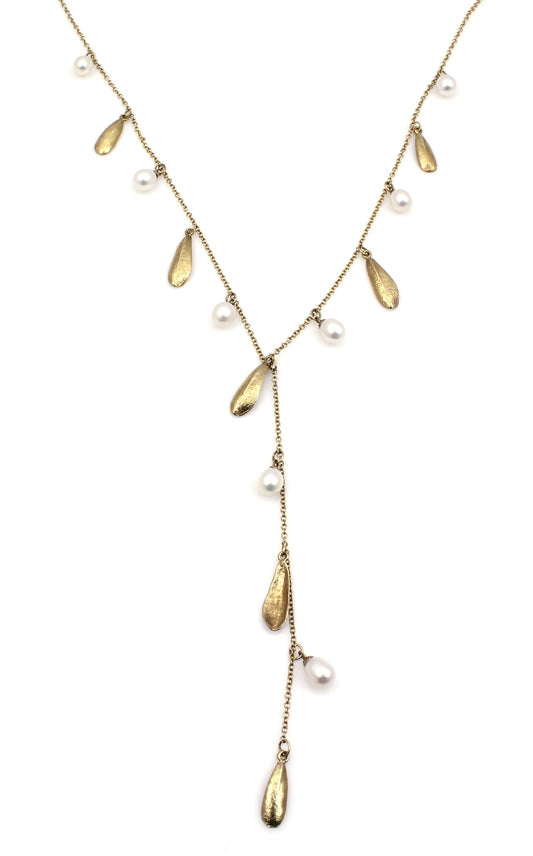 Textured Leaves Necklace With Fresh Water Pearls