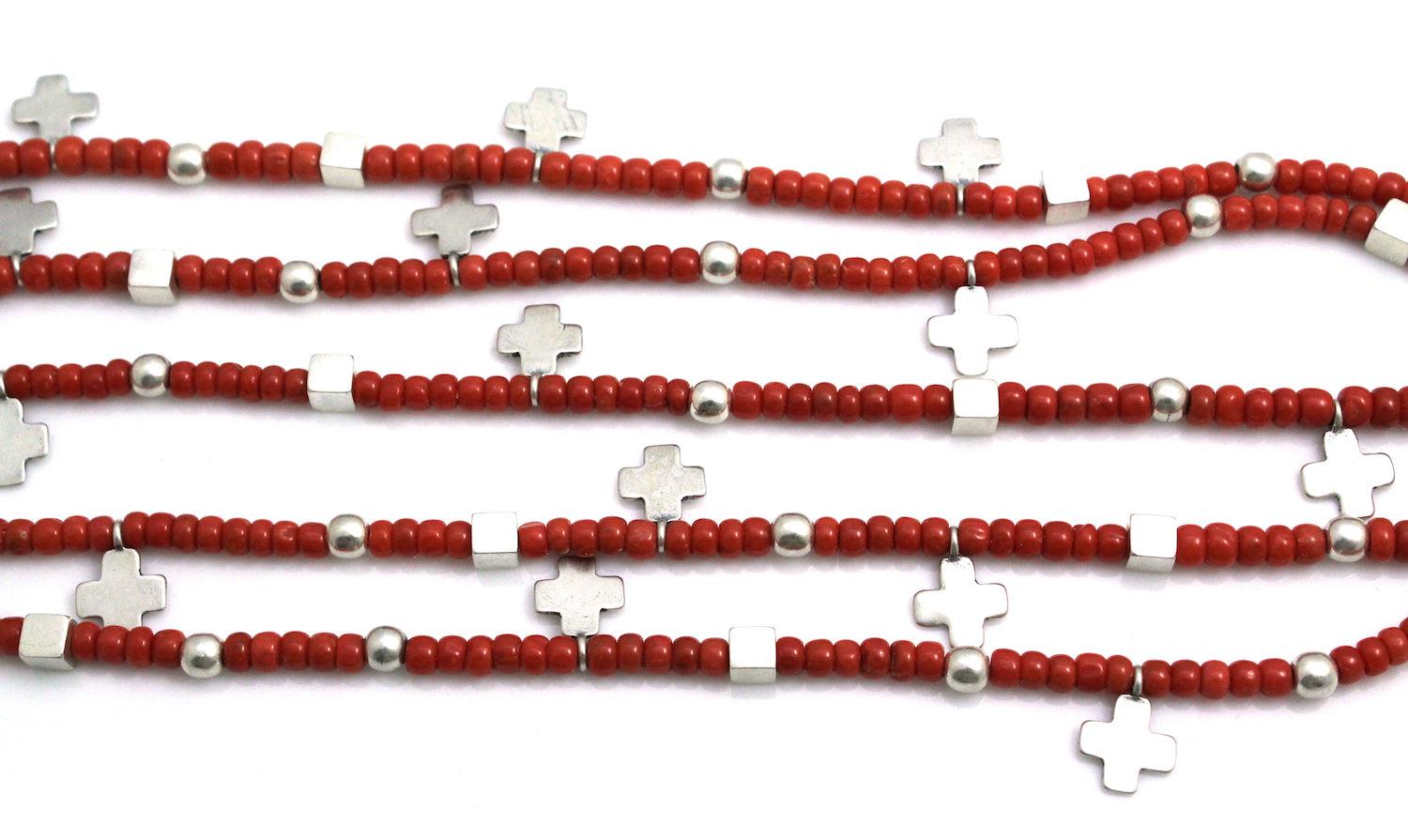 Red Coral 5 Strand Cross Necklace-Jewelry-Don Lucas-Sorrel Sky Gallery