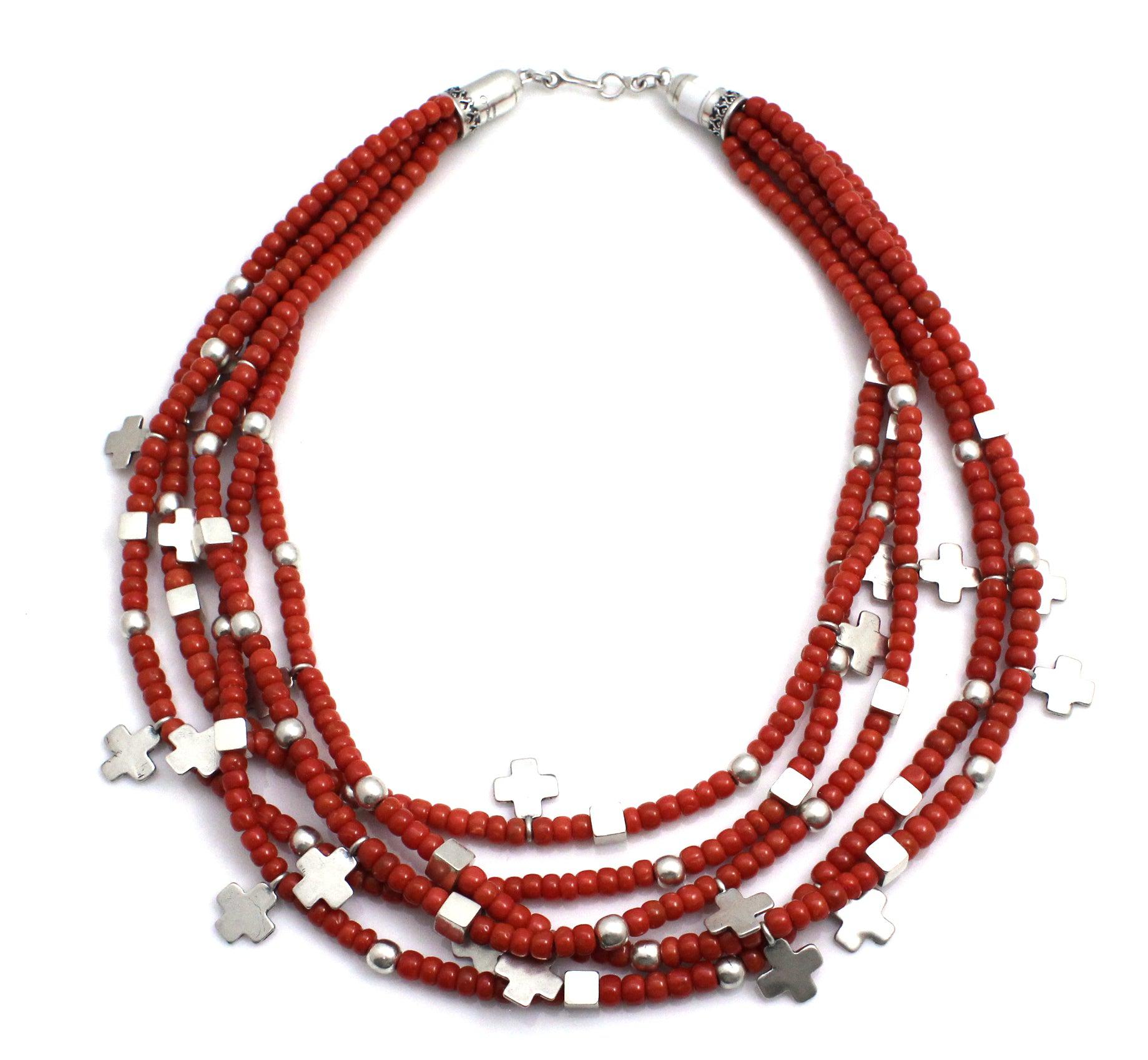 Red Coral 5 Strand Cross Necklace-Jewelry-Don Lucas-Sorrel Sky Gallery