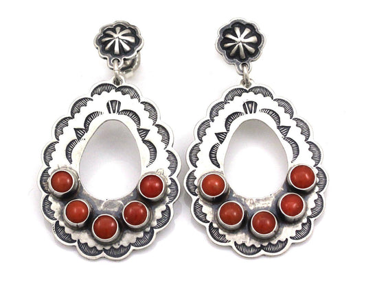 Red Coral Silver Hoop Earrings with Crosses-Jewelry-Don Lucas-Sorrel Sky Gallery