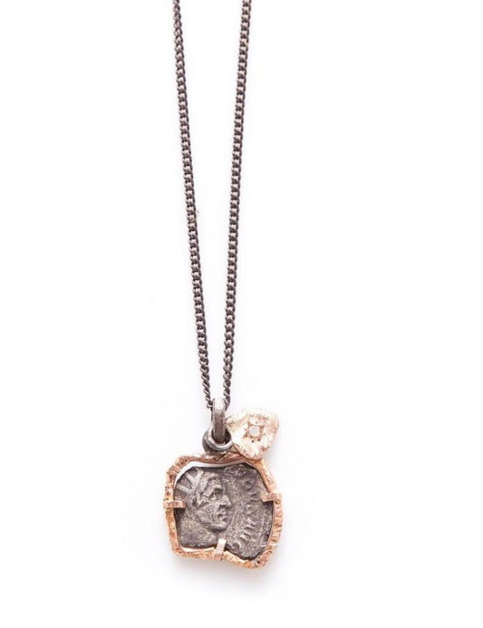Hand Forged Roman Coin Necklace With Cognac Diamond 14ct rose Gold – Oxidized Silver-Jewelry-Harlin Jones-Sorrel Sky Gallery