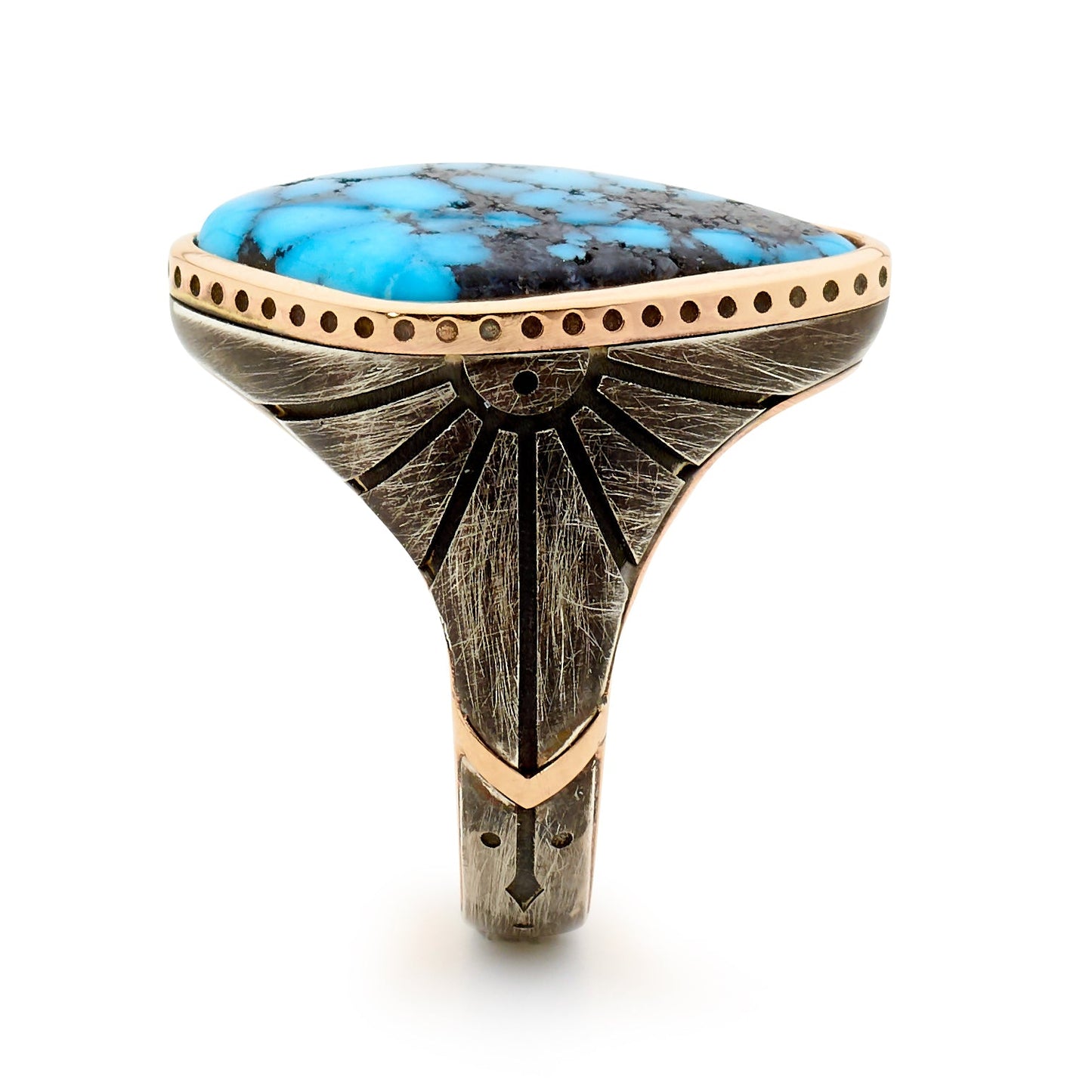 14ct Rose Gold - Oxidized Silver Ithaca-Peak Turquoise Ring-jewelry-Harlin Jones-Sorrel Sky Gallery