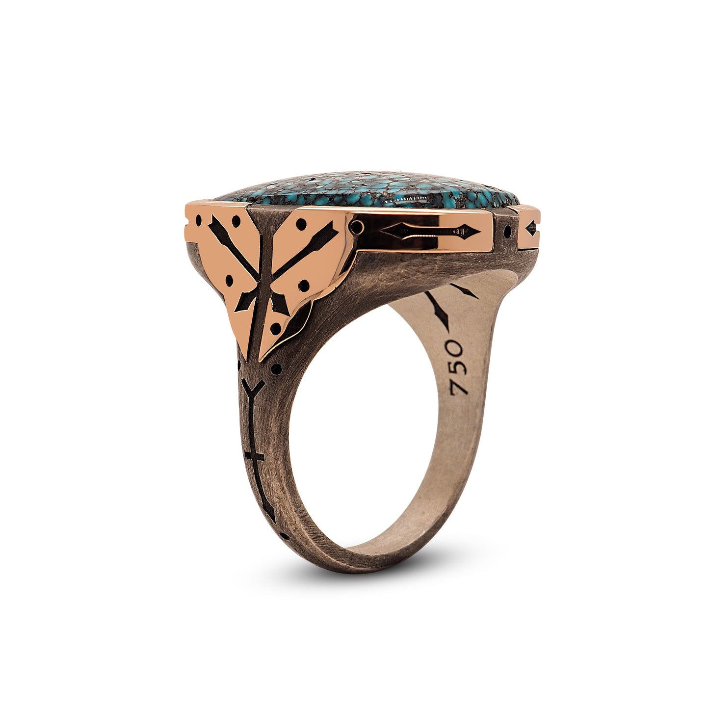 18ct rose gold - Oxidized Silver Cross-Arrow Ring / Kingman Turquoise-jewelry-Harlin Jones-Sorrel Sky Gallery