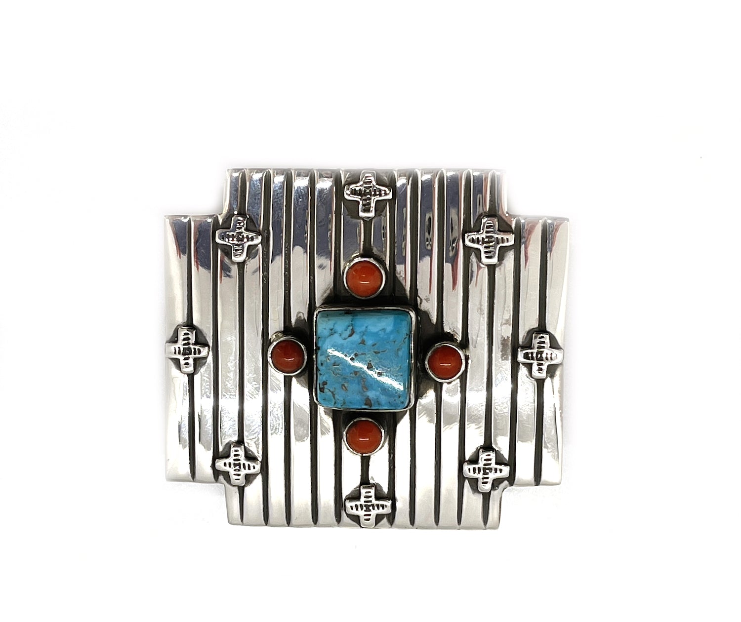 Kingman Turquoise & Coral Cross Buckle-jewelry-Kaizen-Sorrel Sky Gallery
