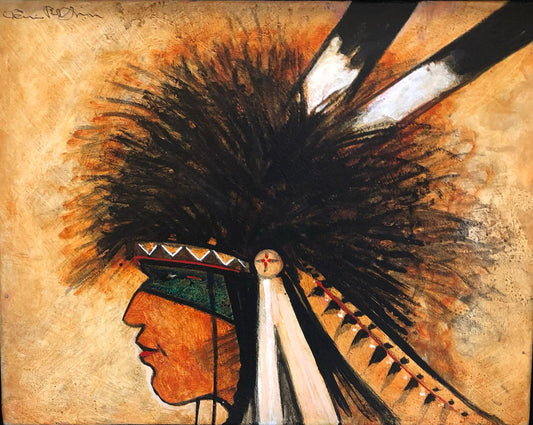 Buffalo Head Piece with Two Feathers-Painting-Kevin Red Star-Sorrel Sky Gallery
