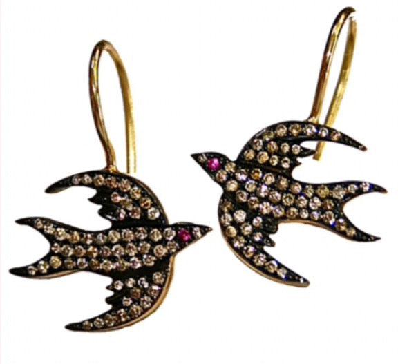 18K Gold and Champagne Diamonds Bird Earrings-Jewelry-Nayla Shami-Sorrel Sky Gallery