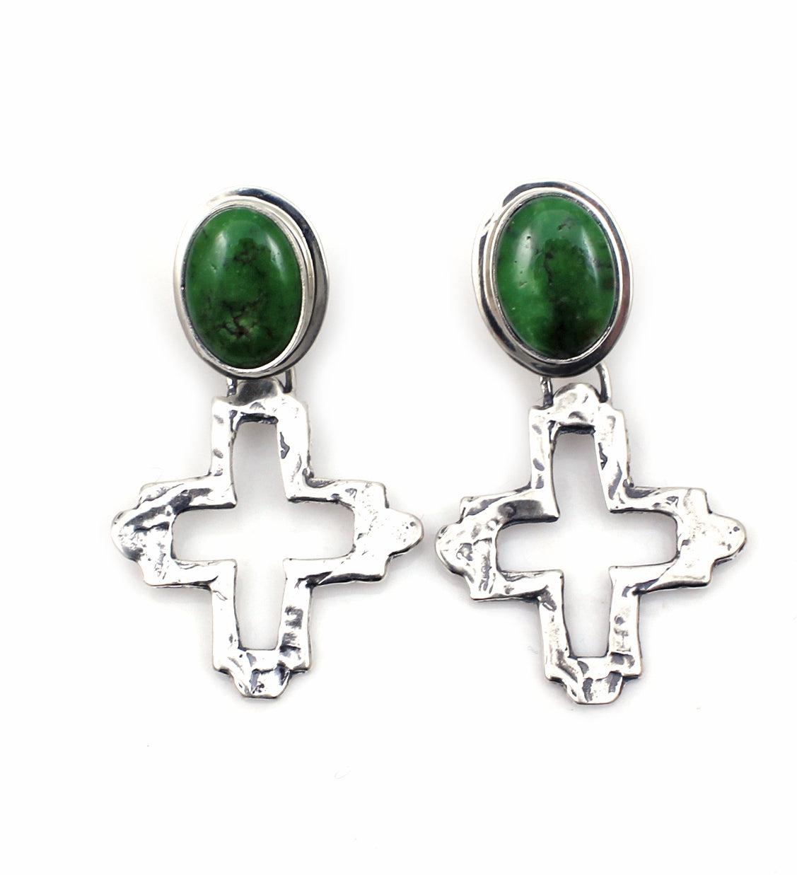 Green Turquoise and Cross Post Earrings-Jewelry-Pam Springall-Sorrel Sky Gallery