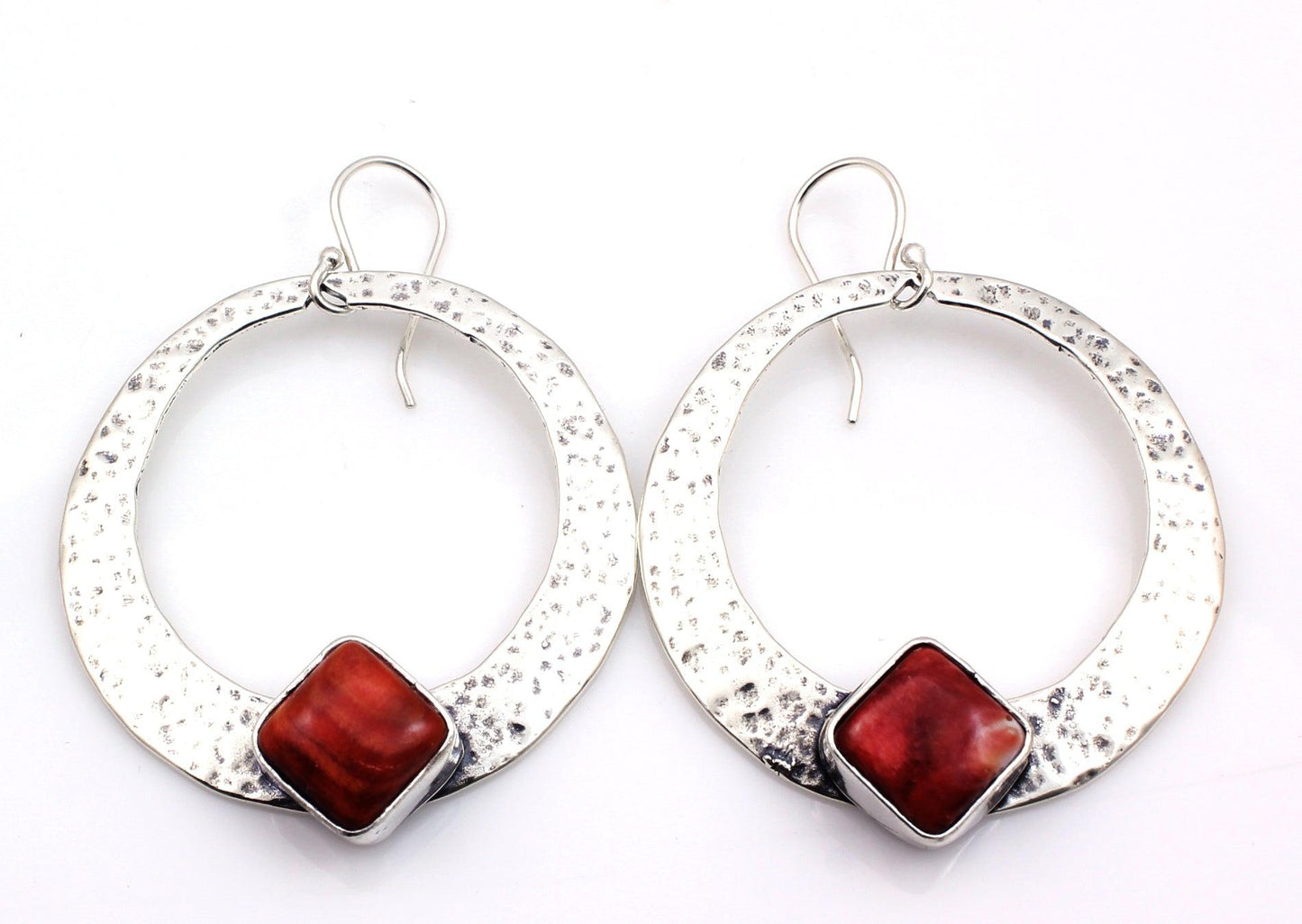 Red Spiny Oyster - Hammered Round Earrings-Jewelry-Pam Springall-Sorrel Sky Gallery