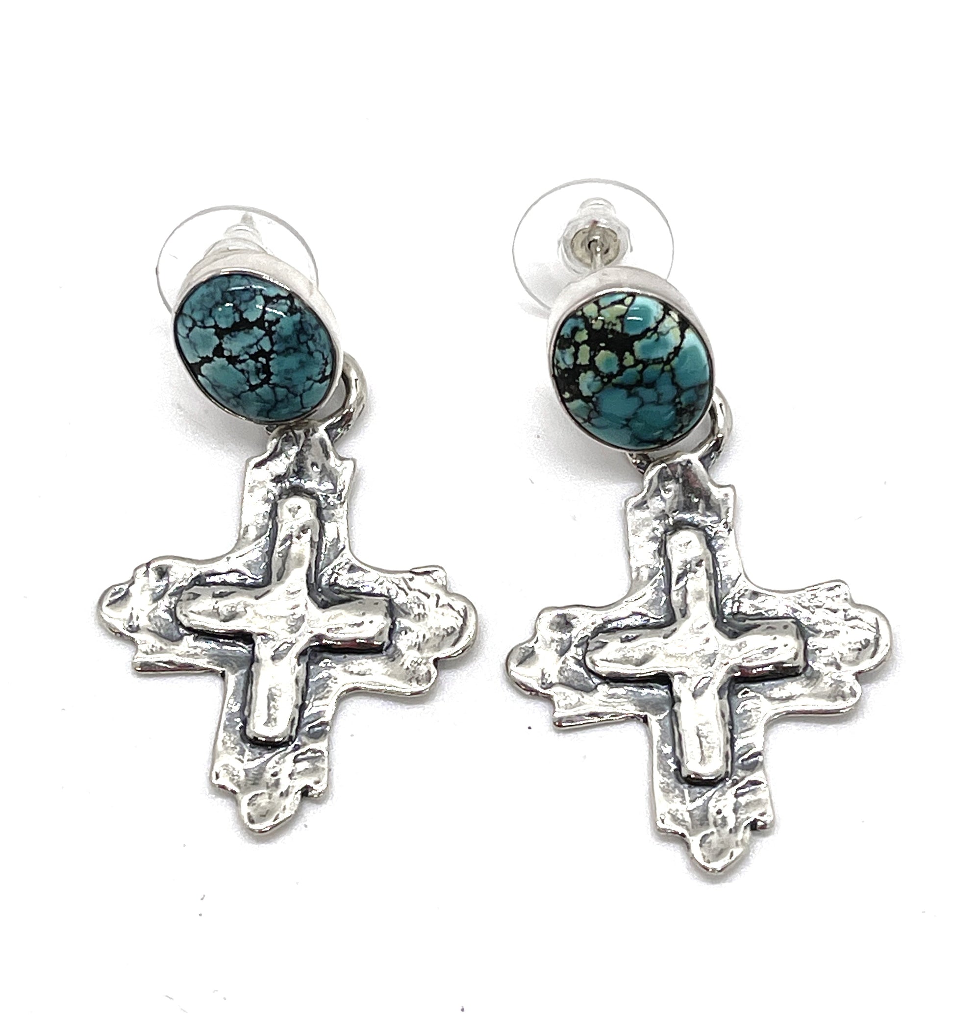 Chinese Turquoise Cross Earrings-jewelry-Pam Springall-Sorrel Sky Gallery