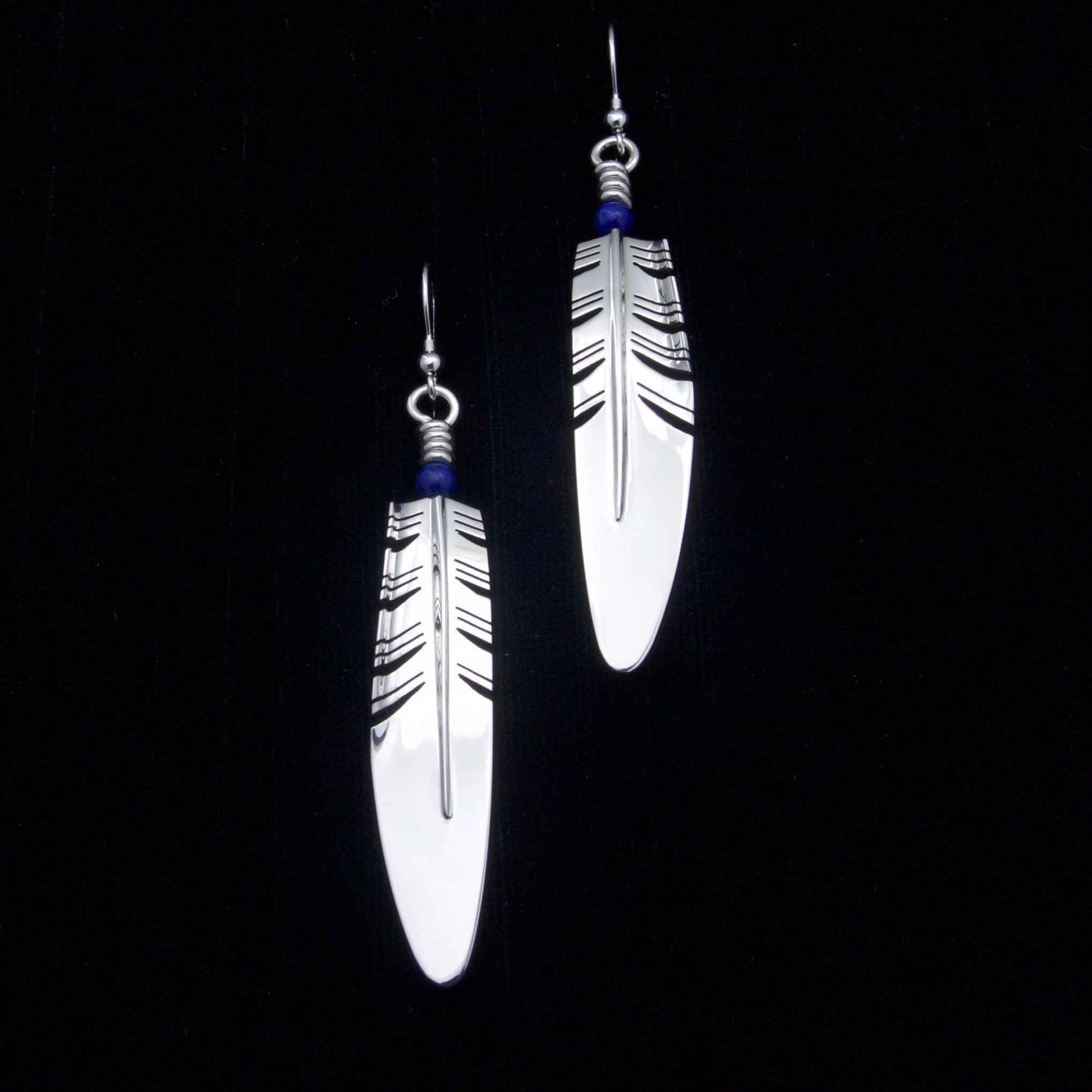 Large Feather Earrings with Lapis Bead-Jewelry-Ray Tracey-Sorrel Sky Gallery