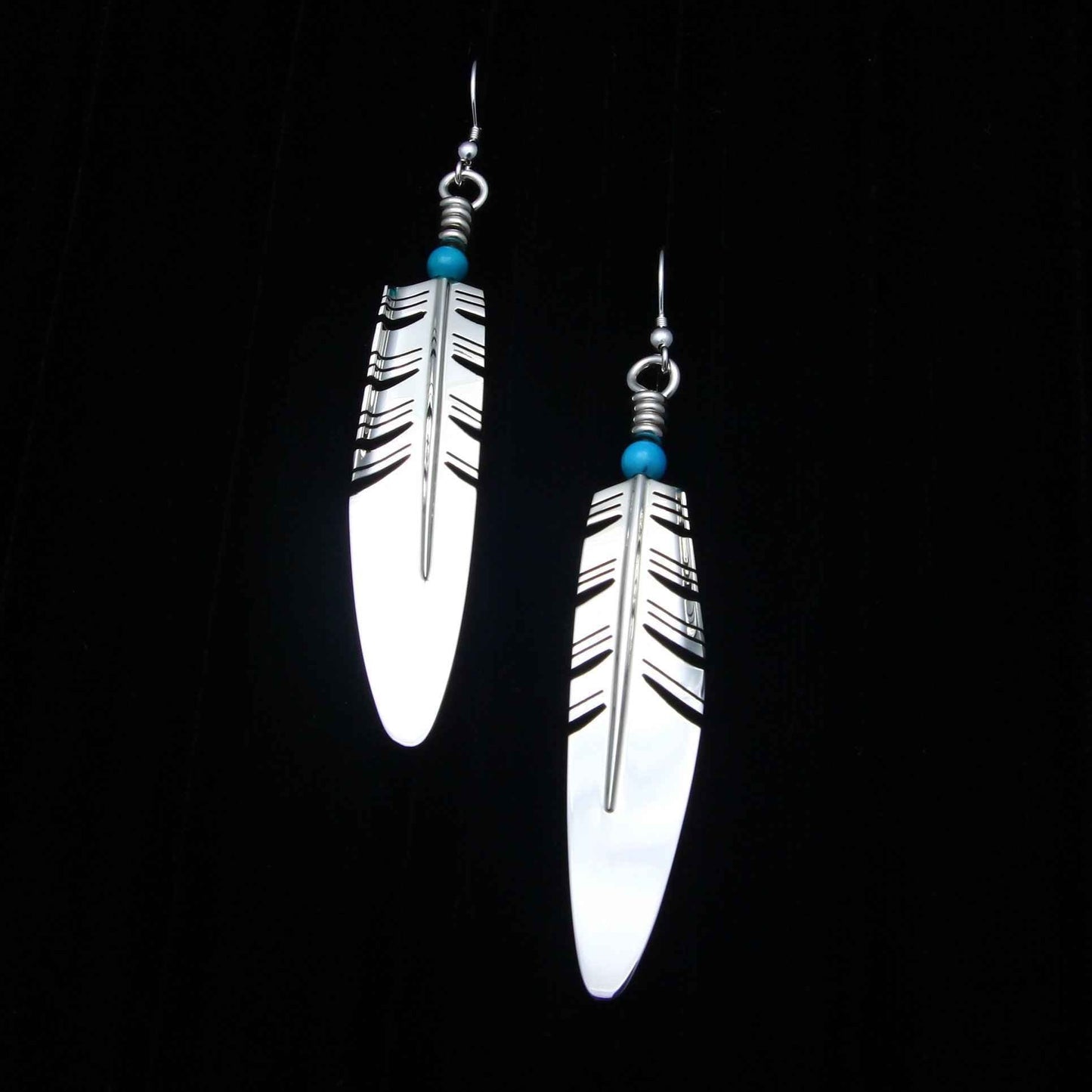 Large Feather Earrings with Turquoise Bead-Jewelry-Ray Tracey-Sorrel Sky Gallery