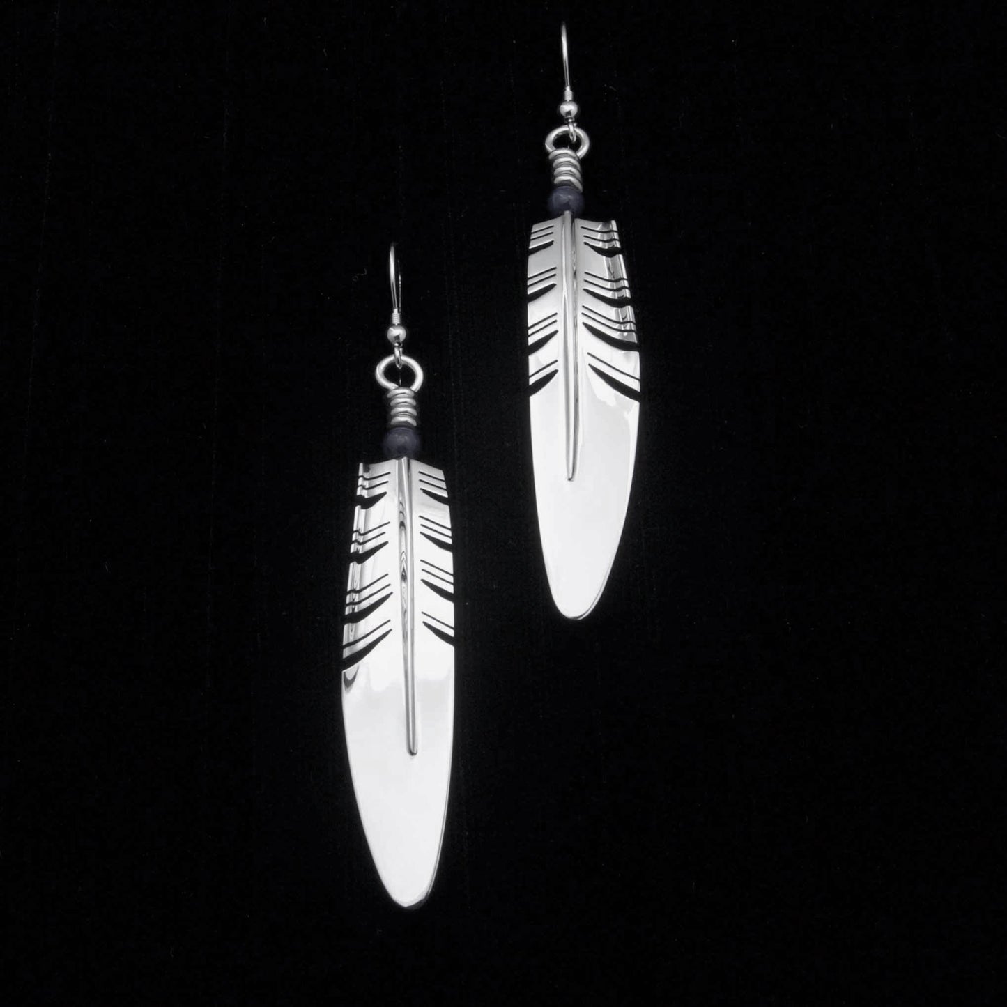 Medium Feather Earrings with Black Onyx Bead-Jewelry-Ray Tracey-Sorrel Sky Gallery