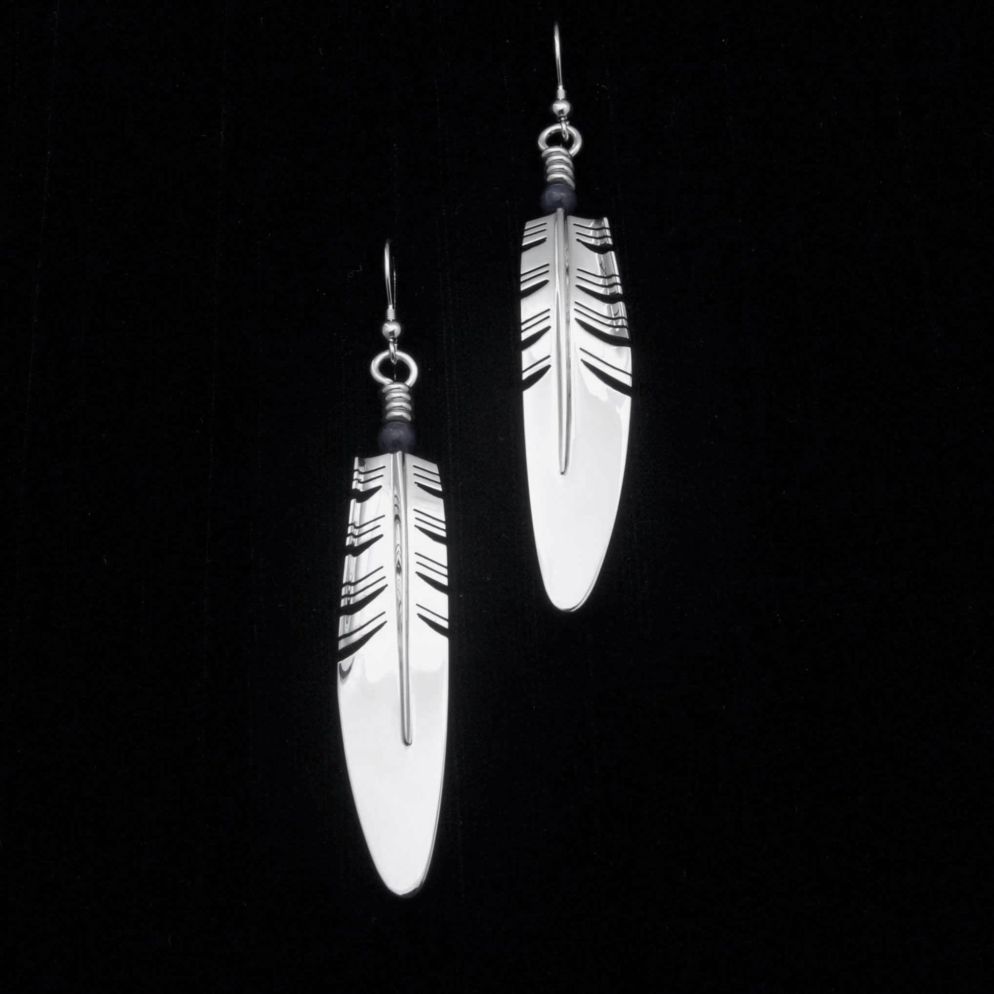 Medium Feather Earrings with Black Onyx Bead-Jewelry-Ray Tracey-Sorrel Sky Gallery