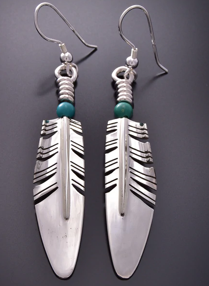 Medium Feather Earrings with Turquoise Bead-Jewelry-Ray Tracey-Sorrel Sky Gallery