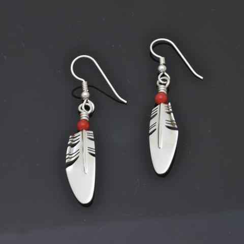 Small Feather Earrings with Coral Bead-Jewelry-Ray Tracey-Sorrel Sky Gallery