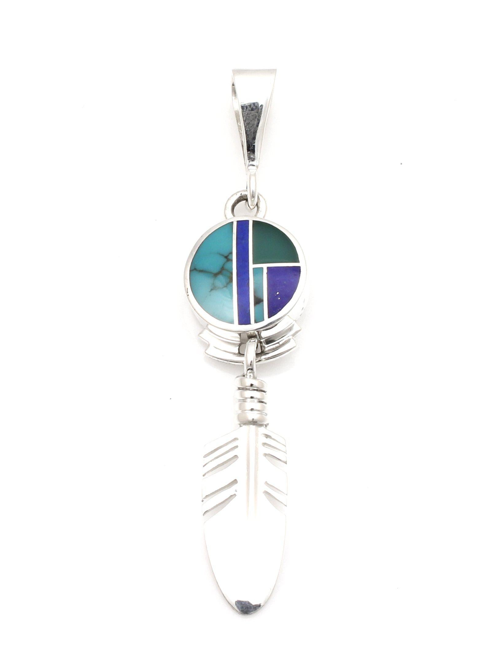 Inlay Round Pendant With Fluff Feather-jewelry-Ray Tracey-Sorrel Sky Gallery