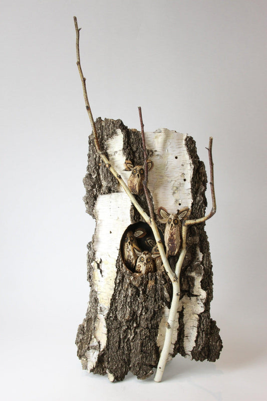 Birch Bark with Five Owls-Robert Rivera-Sorrel Sky Gallery