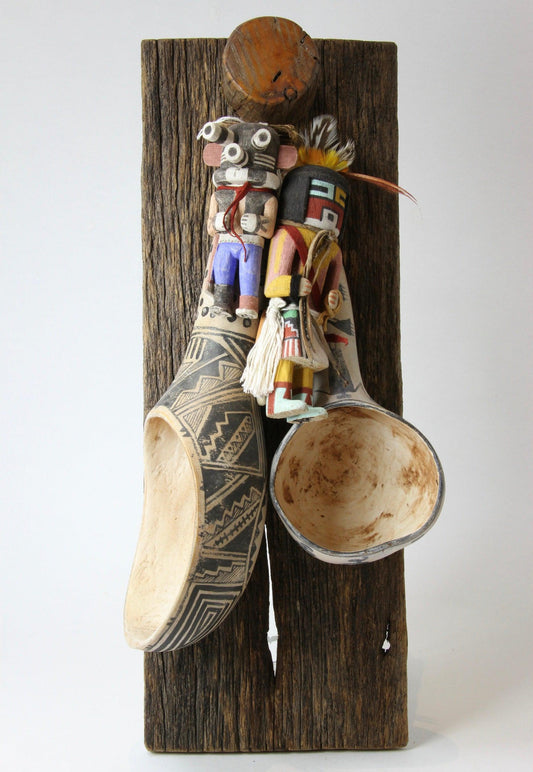 Gourd Anasazi Painted Ladles with 2 Hopi Kachina.-Robert Rivera-Sorrel Sky Gallery