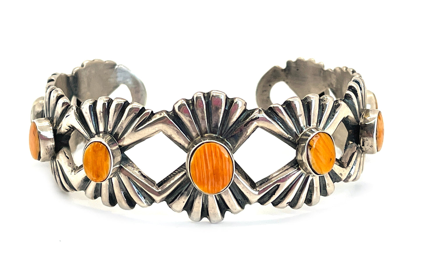 Cuff with 9 Orange Spiny Oyster Stones-Jewelry-Wilson Begay-Sorrel Sky Gallery