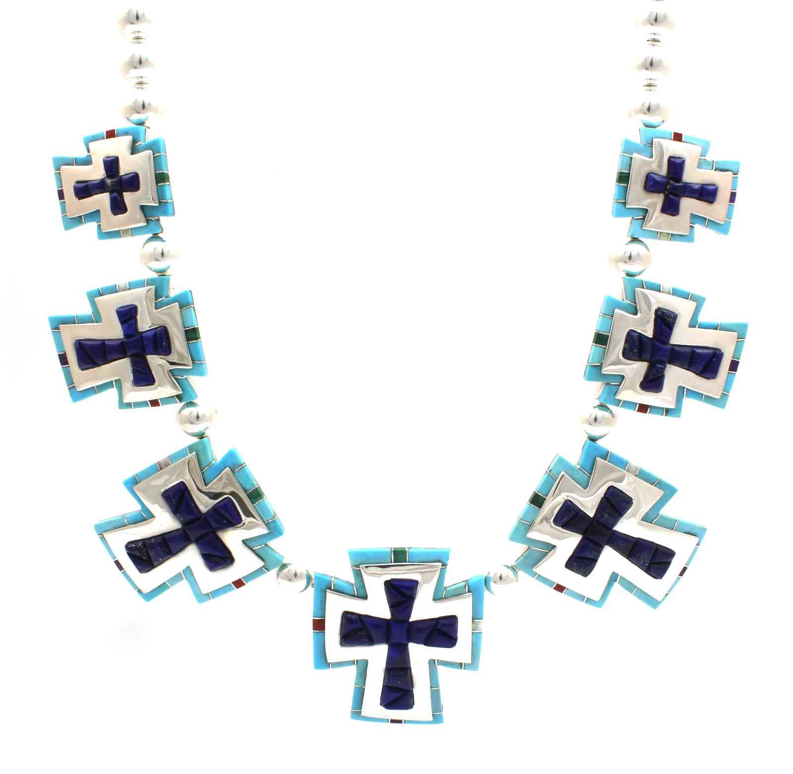 7 cross necklace made of Sterling silver, turquoise and lapis. By Ben Nighthorse at Sorrel Sky Gallery.