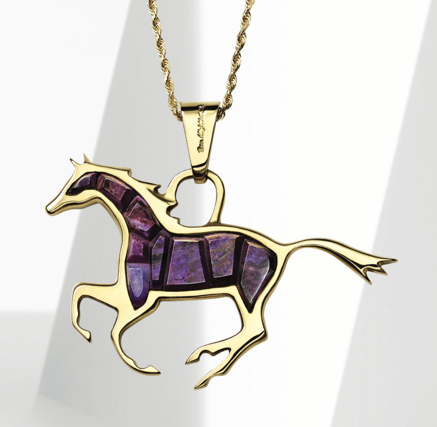 18K gold horse pendant with sugilite inlay