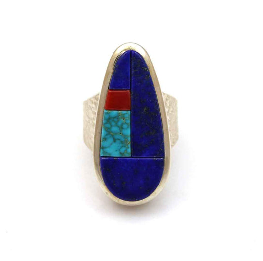Sterling silver with lapis, coral and Lone Mnt turquoise. 1 1/4" x 1/2", size 7 3/4
