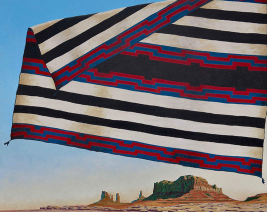 A Native American Weaving, a Chief's Blanket, flowing in the wind in monument valley.  Red cliffs in the background on a clear blue sky. David Knowlton. Sorrel Sky Gallery. Barn Art. Southwestern Landscape art. Ship Paintings. Barn Paintings. Train Paintings. Train Art.Edward Aldrich. Kevin Red Star. David Yarrow. Star Liana York. Ben Nighthorse.