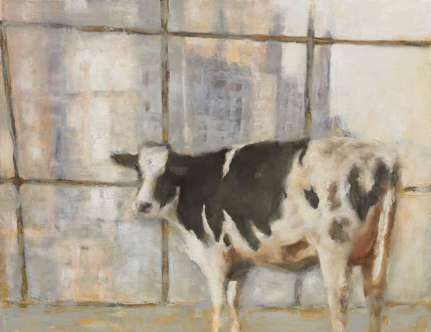 Painting of a cow looking out a window.  Humorous.  Original Oil Painting by Elsa Sroka.  17" x 22"