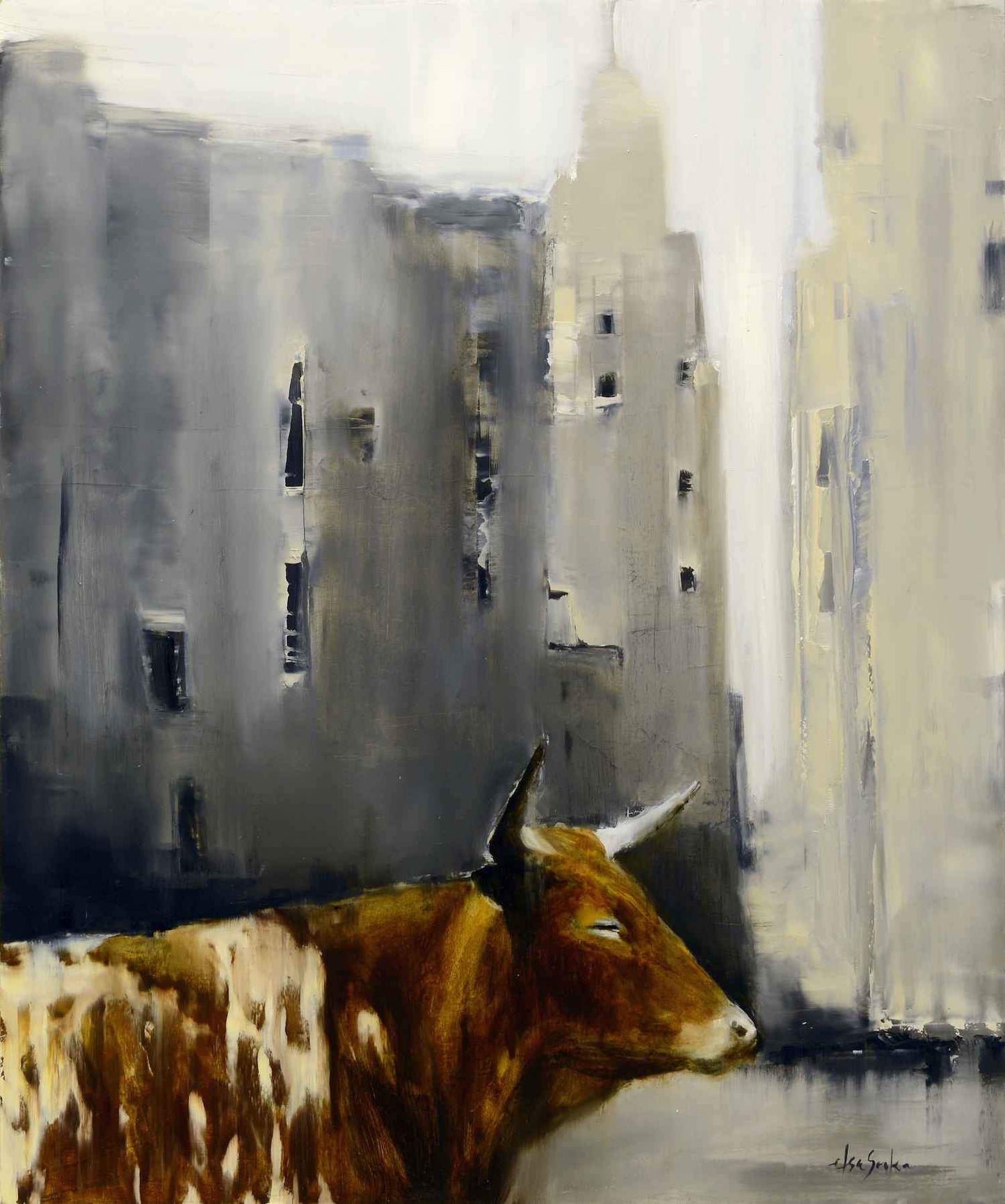 A brown cow walking through a downtown highrise city. Whimsical Cows. Elsa Sroka