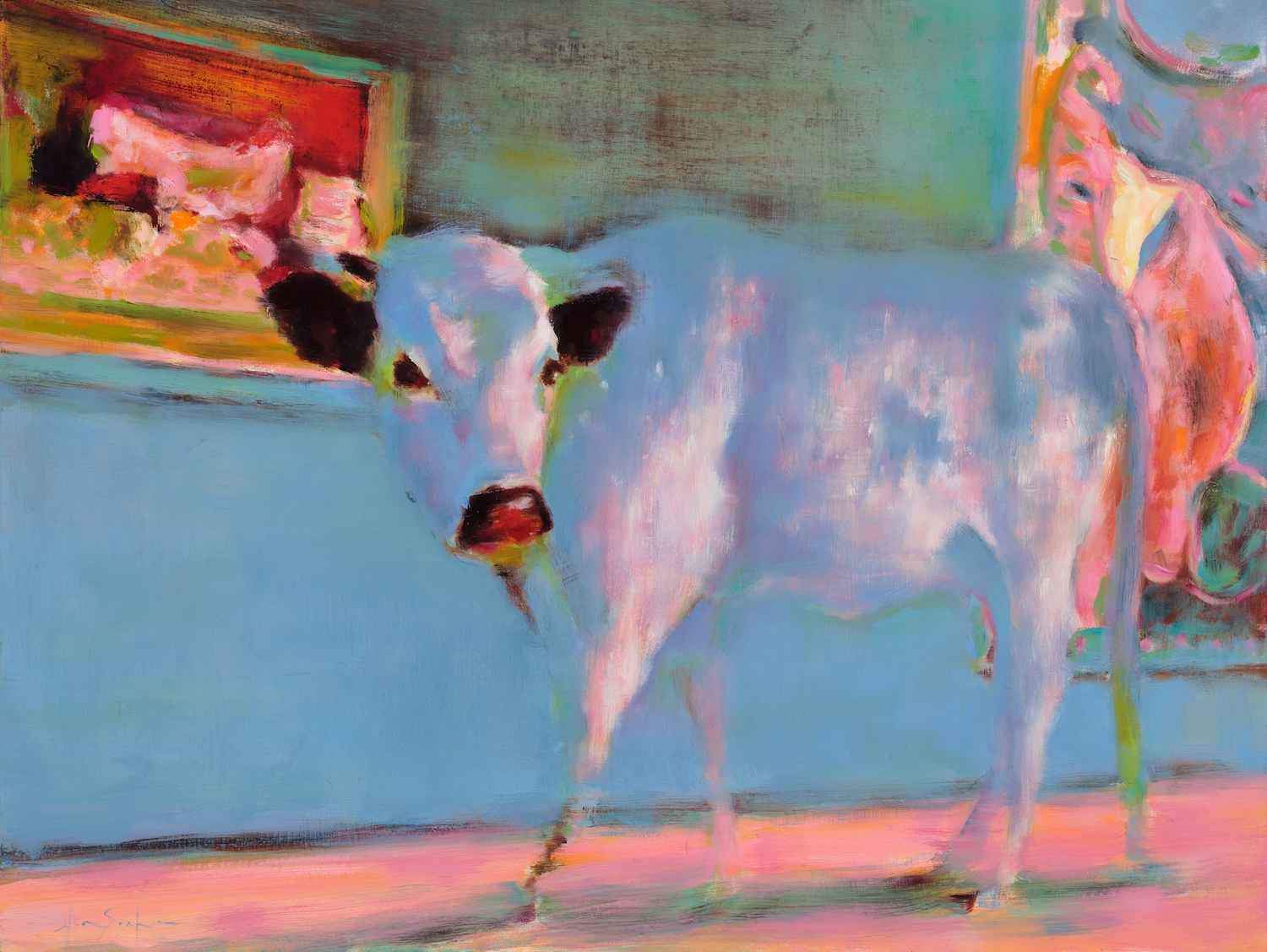 Cow walking in a museum or Gallery.  Whimsical Cows in unexpected places.  Elsa Sroka.