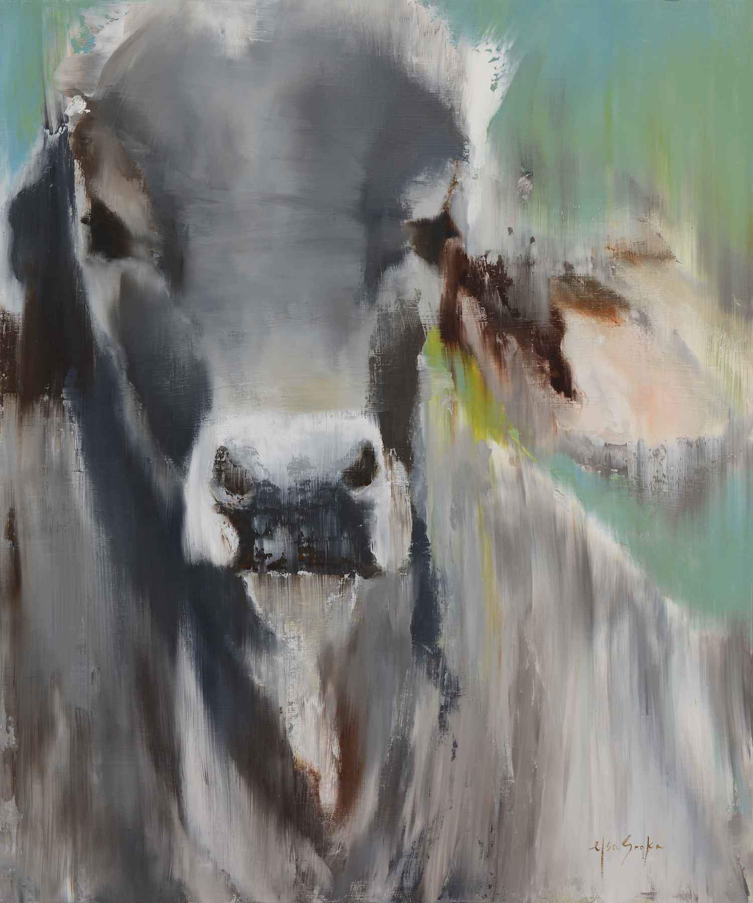 Modern painting of a gray cow portrait. Elsa Sroka. Sorrel Sky Gallery
