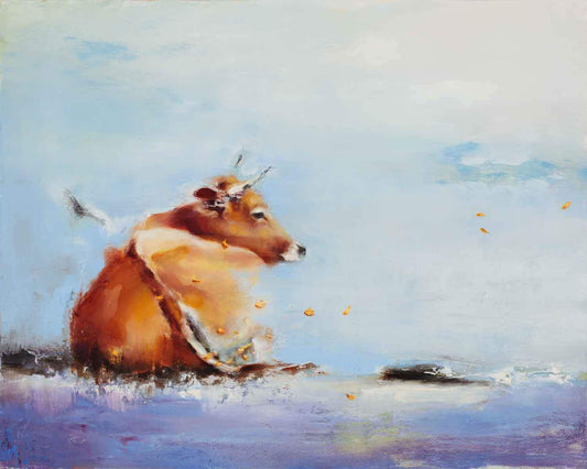 A light brown cow laying down in a winter scene.  Modern and Contemporary painting by Elsa Sroka.