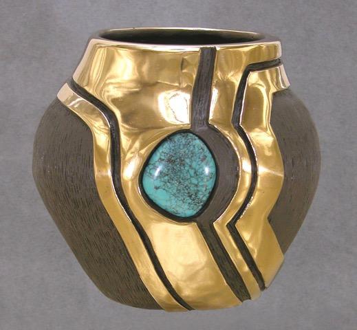 Bronze Vessel with Turquoise Stone-Sculpture-Fred Ortiz-Sorrel Sky Gallery